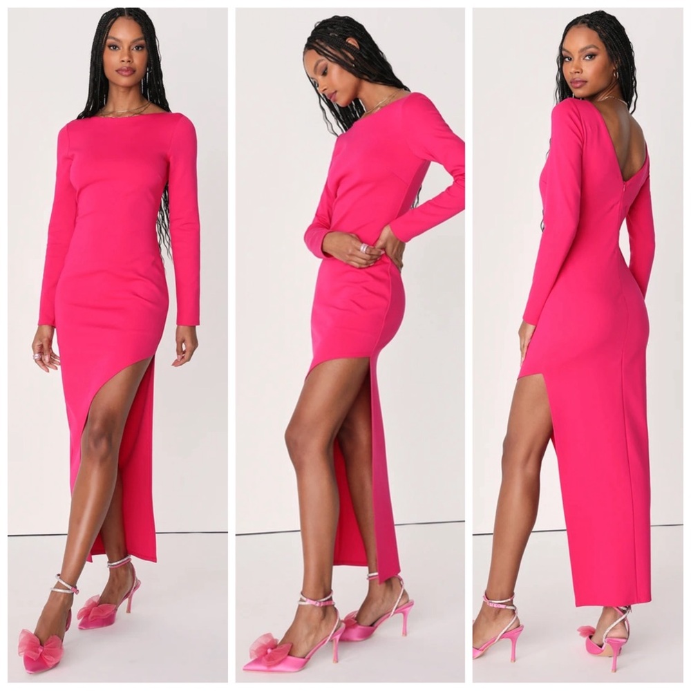 •LULUS• Dreaming About You Hot‎ Pink Long Sleeve Maxi Dress Thigh Slit Size M